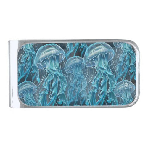 Blue and Black Jellyfish Silver Finish Money Clip