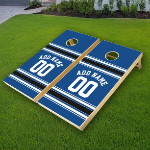 Blue and Black Jersey Stripes Custom Name Number Cornhole Set
