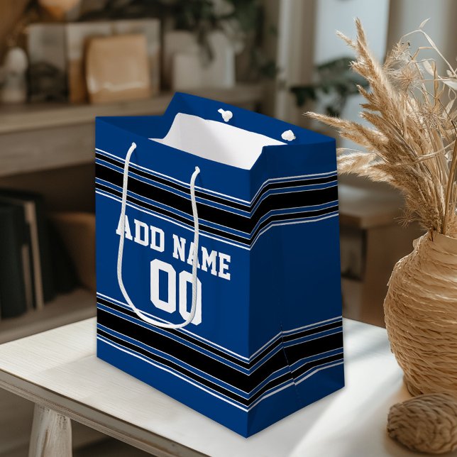Blue and Black Jersey Stripes Custom Name Number Medium Gift Bag (Custom Gift Bag)