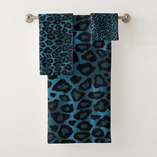Blue and Black Leopard Pattern Bath Towel Set