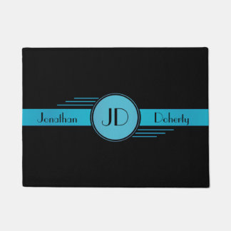 Blue and Black Monogram Art Deco Doormat