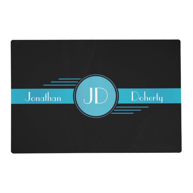 Blue and Black Monogram Art Deco Placemat (Front)