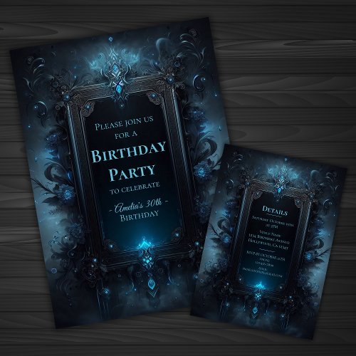 Blue and Black Mystical Witchy Gothic Birthday Invitation