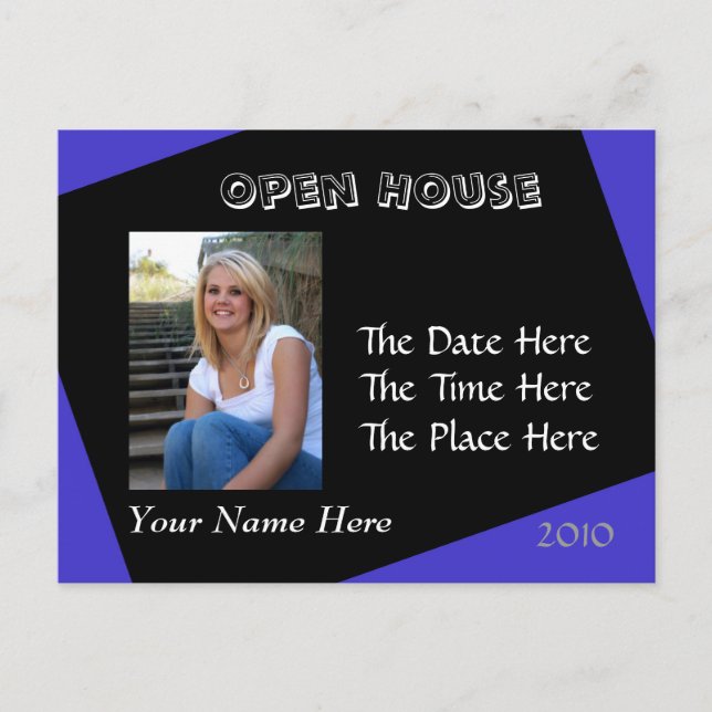 blue and black open house postcard (Front)
