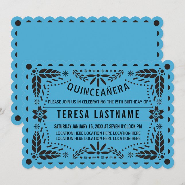 Blue and black papel picado Quinceañera Invitation (Front/Back)