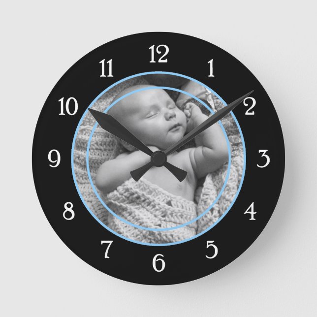 Blue and Black Photo Frame Round Clock (Front)