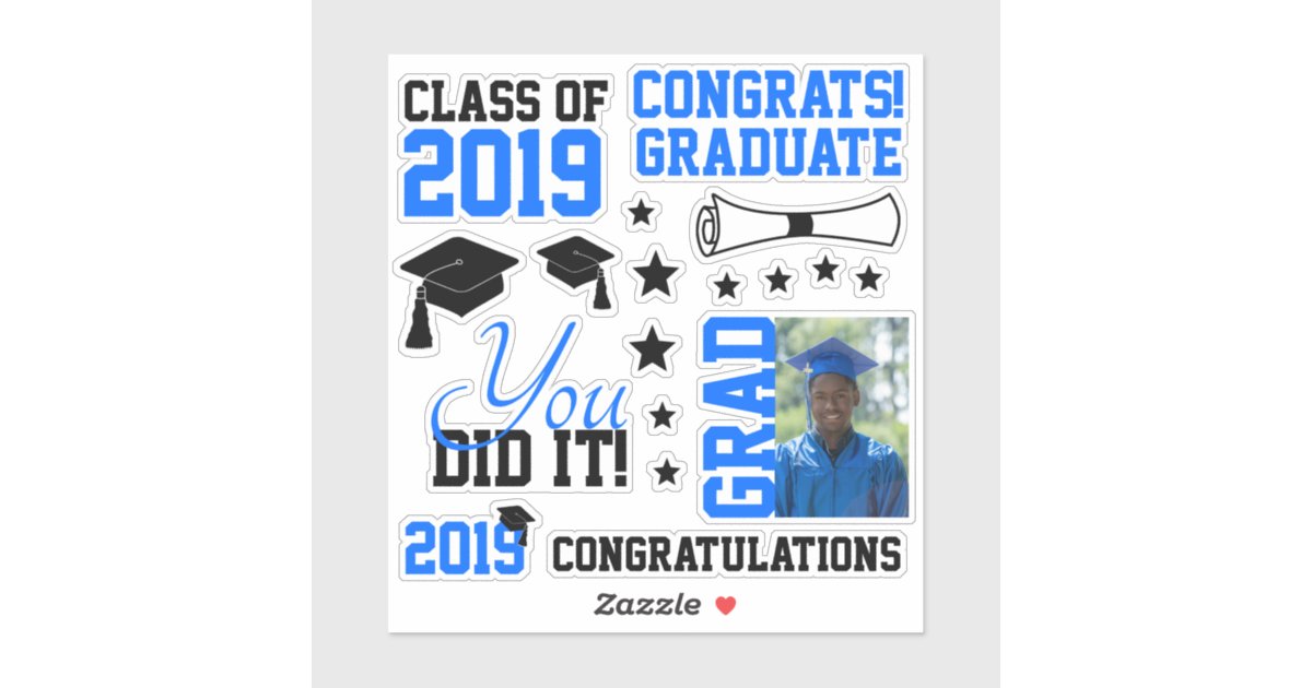 Blue and Black Photo Graduation Sticker | Zazzle