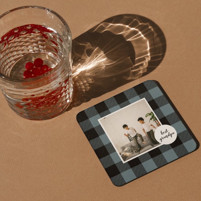 Blue And Black Plaid Best Grandpa Gift With Photo Beverage Coaster (Creator Uploaded)