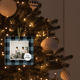 Blue And Black Plaid Best Grandpa Gift With Photo Ceramic Ornament