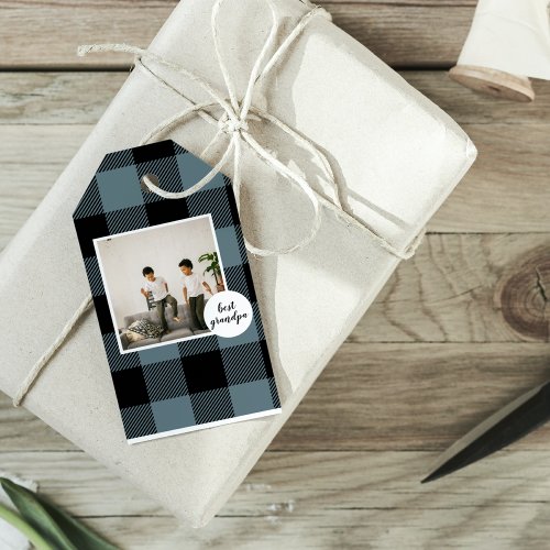 Blue And Black Plaid Best Grandpa Gift With Photo Gift Tags