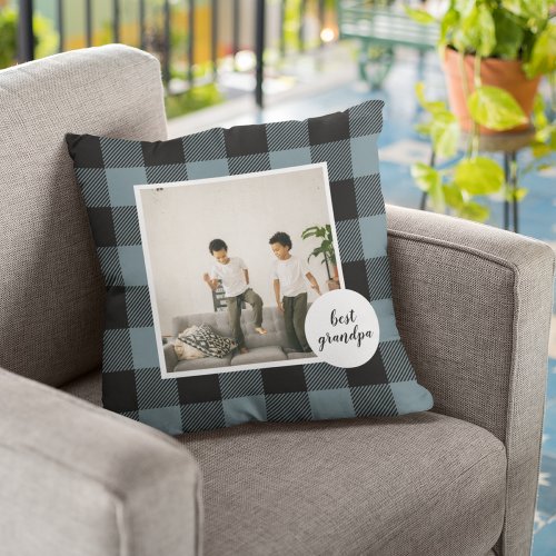 Blue And Black Plaid Best Grandpa Gift With Photo Outdoor Pillow