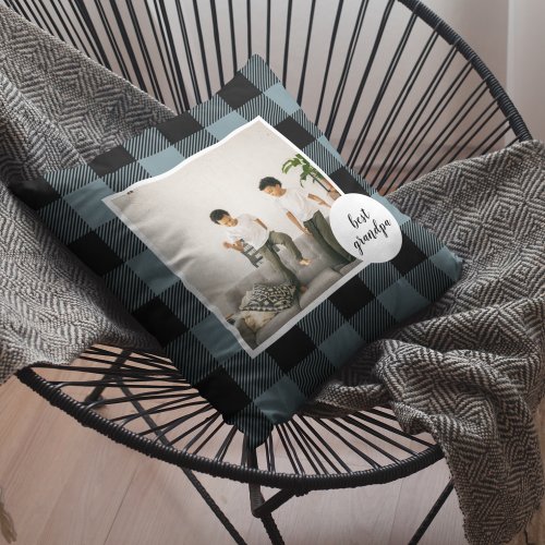 Blue And Black Plaid Best Grandpa Gift With Photo Outdoor Pillow