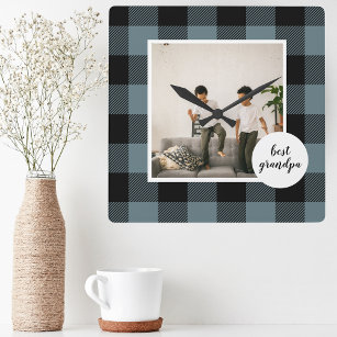 Blue And Black Plaid Best Grandpa Gift With Photo Square Wall Clock