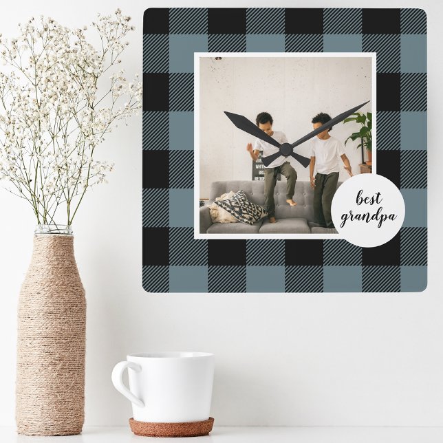Blue And Black Plaid Best Grandpa Gift With Photo Square Wall Clock (Creator Uploaded)