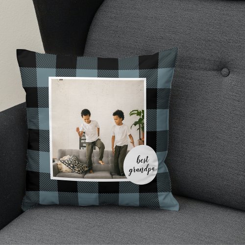 Blue And Black Plaid Best Grandpa Gift With Photo Throw Pillow