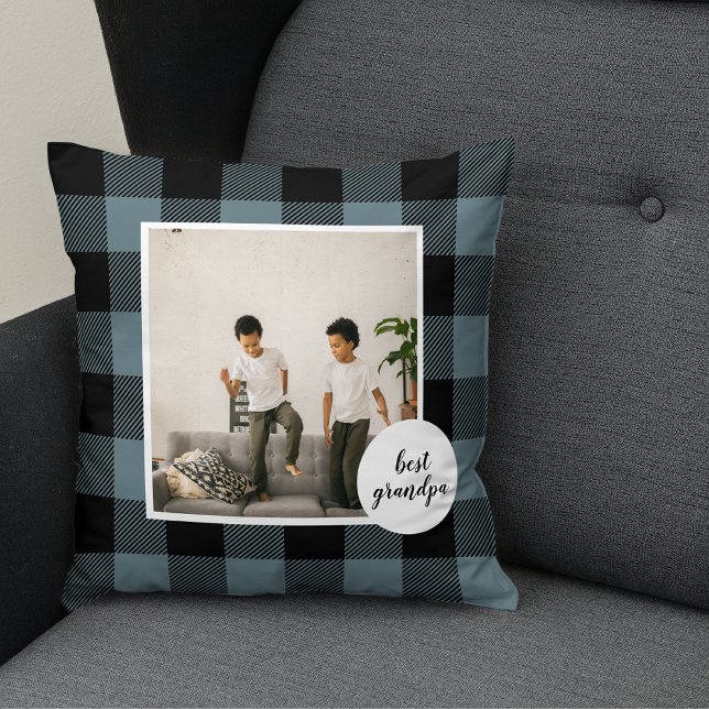 Blue And Black Plaid Best Grandpa Gift With Photo Throw Pillow (Creator Uploaded)