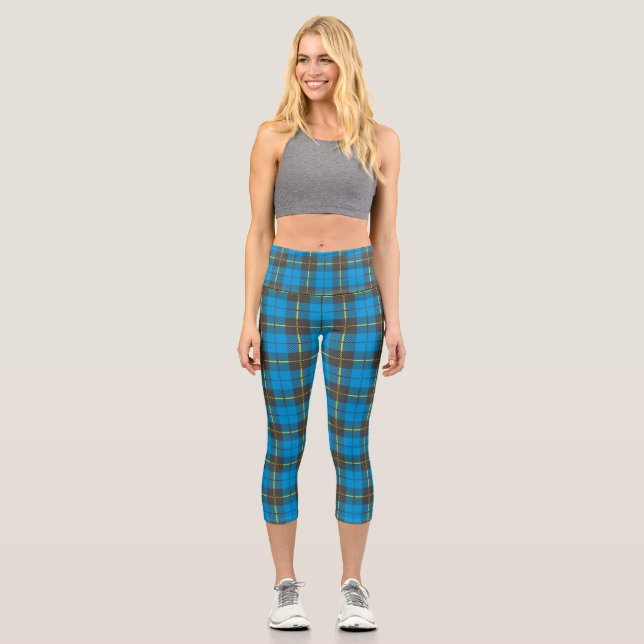 Blue and Black Plaid Pattern Capri Leggings (Front)