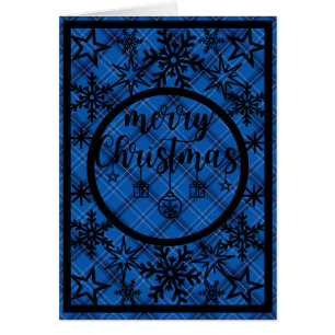Blue and Black Plaid Under Black Snowflakes Cutout Cards