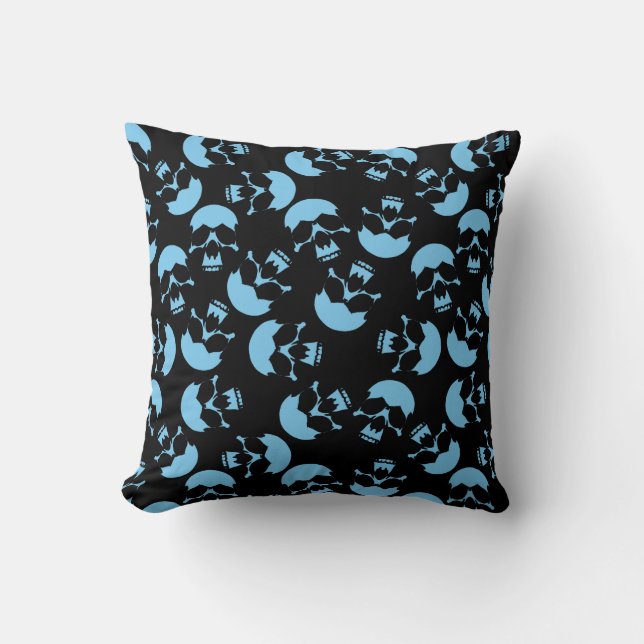 Blue and Black Repeating Motif | Skull Pattern Throw Pillow (Front)