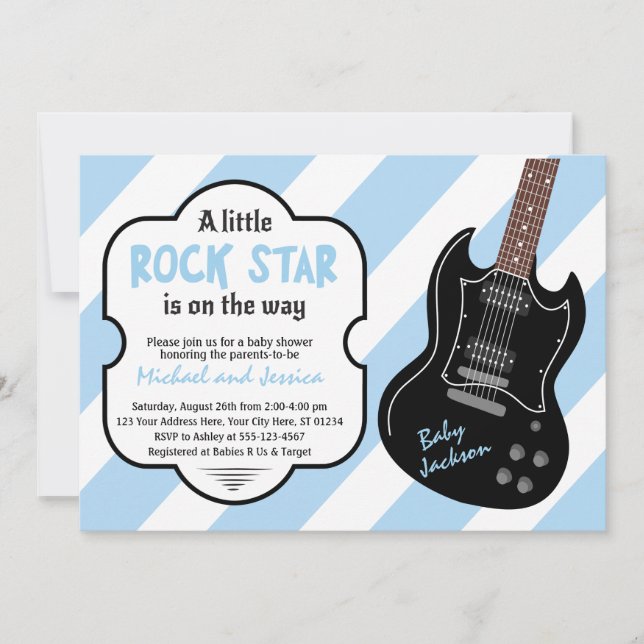 Blue and Black Rock Star Rock a Bye Baby Shower Invitation (Front)
