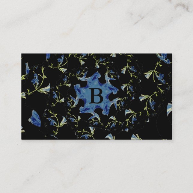 Blue and black Sage fractal art Monogram Business Card (Front)