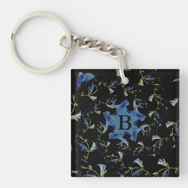 Blue and black Sage fractal art Monogram Keychain (Front)