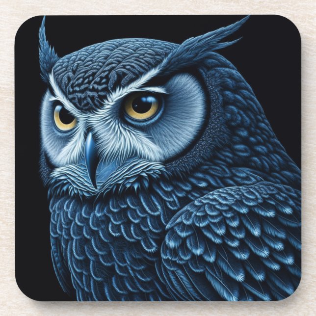 Blue and Black Serious Owl  Beverage Coaster (Front)