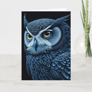 Blue and Black Serious Owl Blank Card