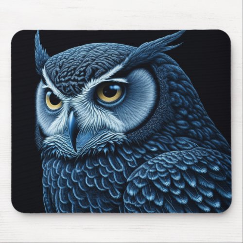 Blue and Black Serious Owl  Mouse Pad
