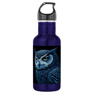 Blue and Black Serious Owl  Stainless Steel Water Bottle