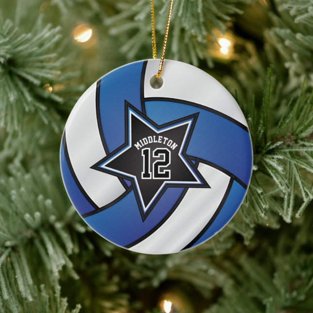 Blue and Black Star Volleyball 🏐 Ceramic Ornament (Tree)