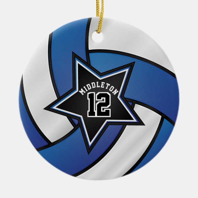 Blue and Black Star Volleyball 🏐 Ceramic Ornament (Front)
