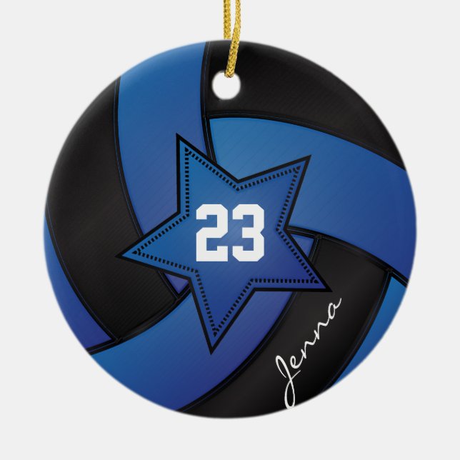 Blue and Black Star Volleyball Ceramic Ornament (Front)