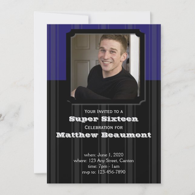Blue and Black Stripe Birthday Party Invitation (Front)