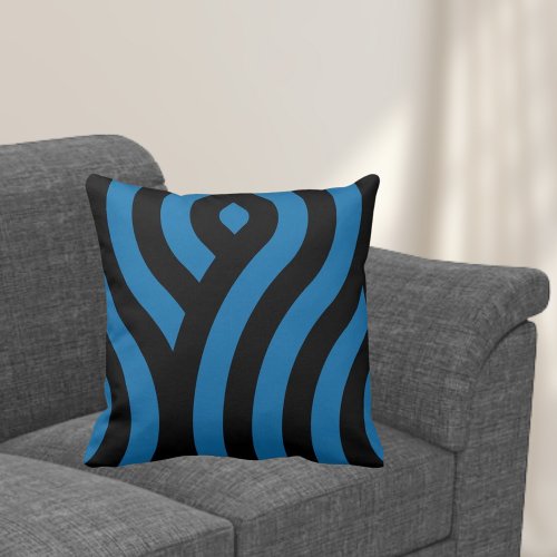 Blue and Black Striped Wave Pattern Throw Pillow