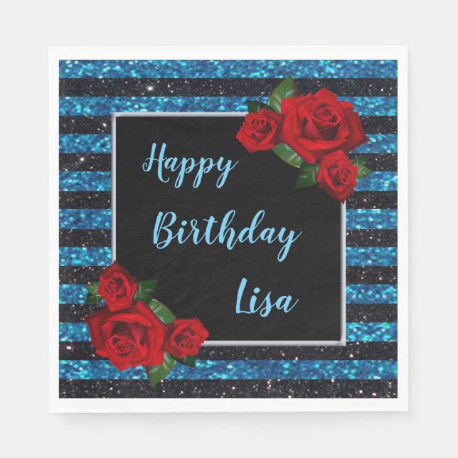 Blue And Black Stripes Glitter Red Roses Birthday Napkins (Front)