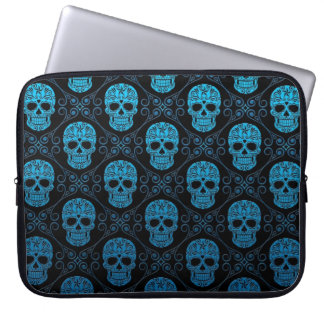Blue and Black Sugar Skull Pattern Laptop Sleeve