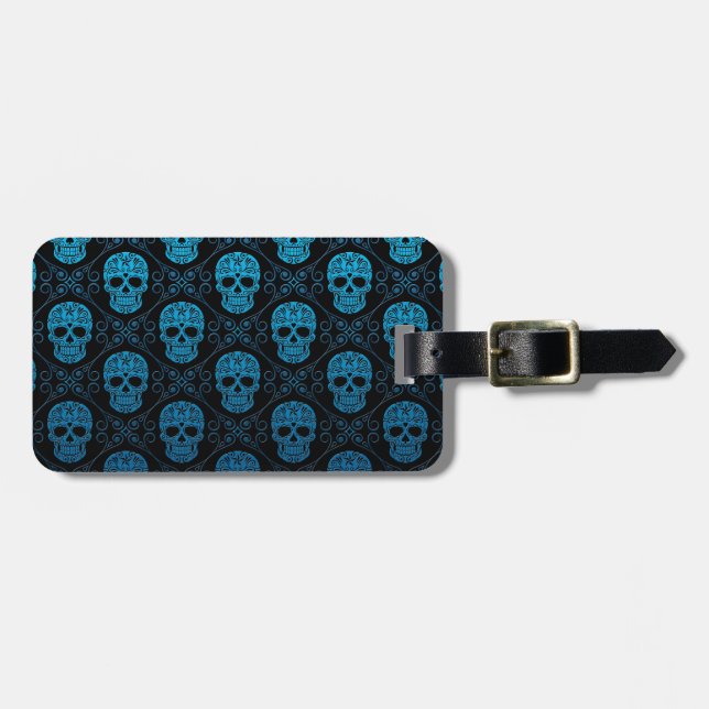 Blue and Black Sugar Skull Pattern Luggage Tag (Front Horizontal)