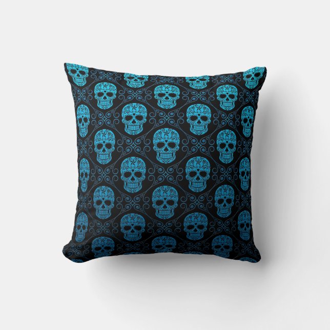 Blue and Black Sugar Skull Pattern Throw Pillow (Front)