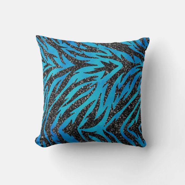 Blue and Black Tiger Striped Throw Pillow (Front)