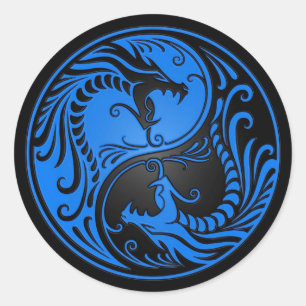 Blue and Black Yin Yang Dragons Classic Round Sticker