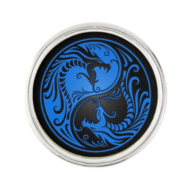 Blue and Black Yin Yang Dragons Lapel Pin (Front)