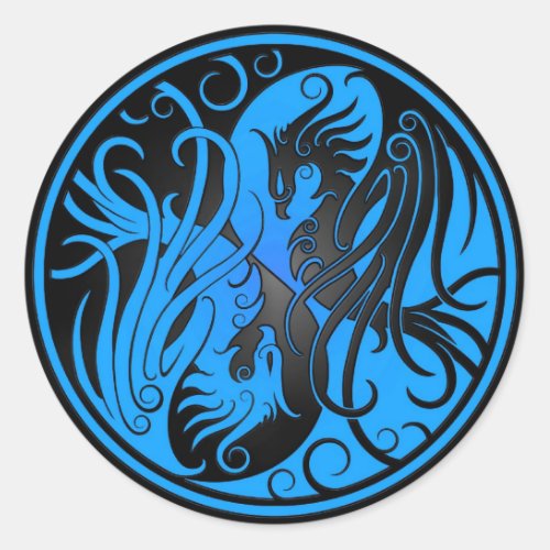 Blue and Black Yin Yang Phoenix Classic Round Sticker