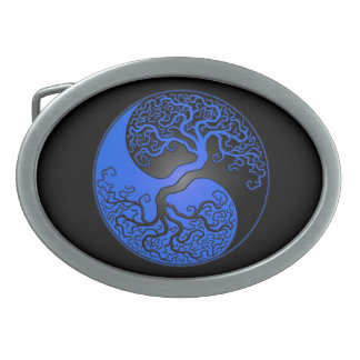 Blue and Black Yin Yang Tree Oval Belt Buckle