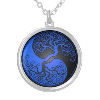 Blue and Black Yin Yang Tree Silver Plated Necklace
