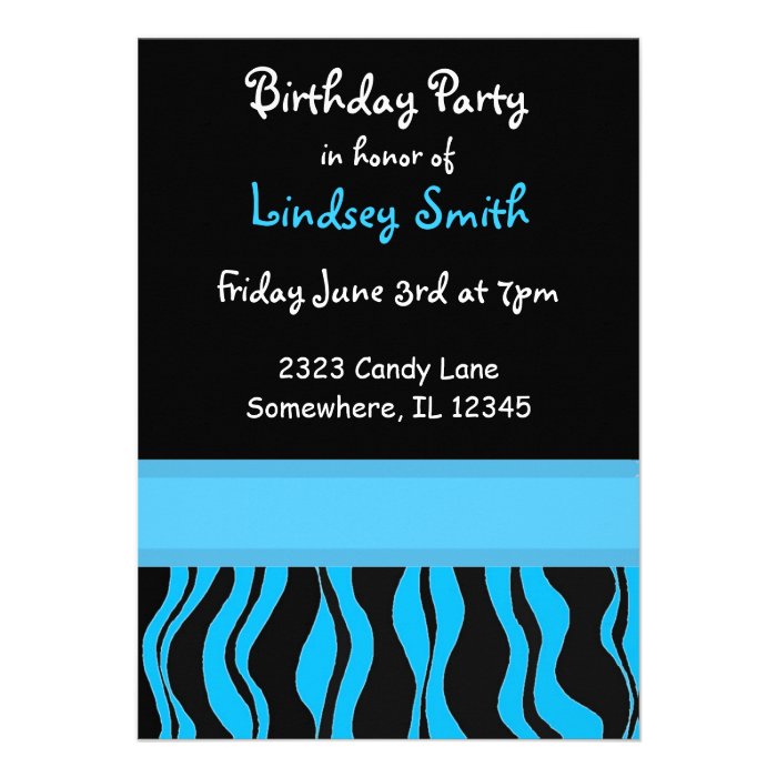 Blue and Black Zebra Print Birthday Invitation