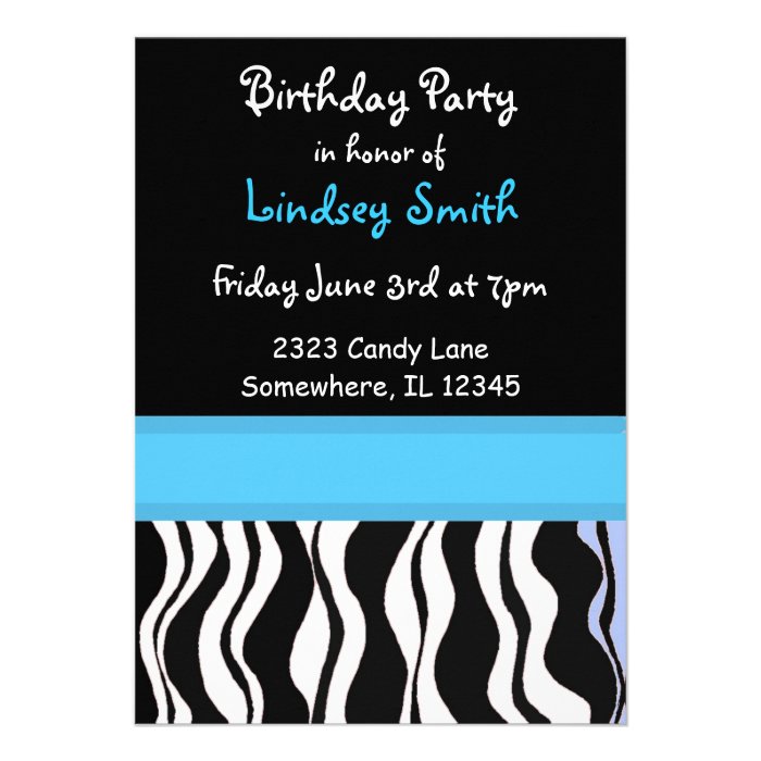 Blue and Black Zebra Print Birthday Invitation