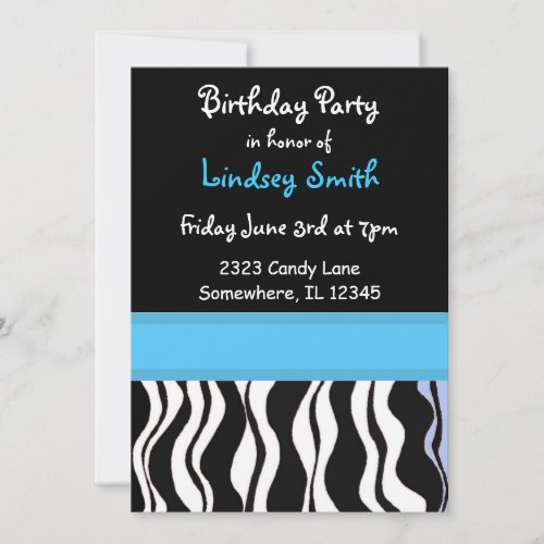 Blue and Black Zebra Print Birthday Invitation