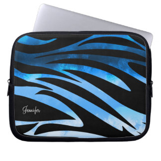 Blue And Black Zebra Striped Pattern Laptop Sleeve