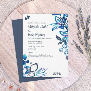 Blue and Blue-Gray Floral Pattern Wedding Invitation